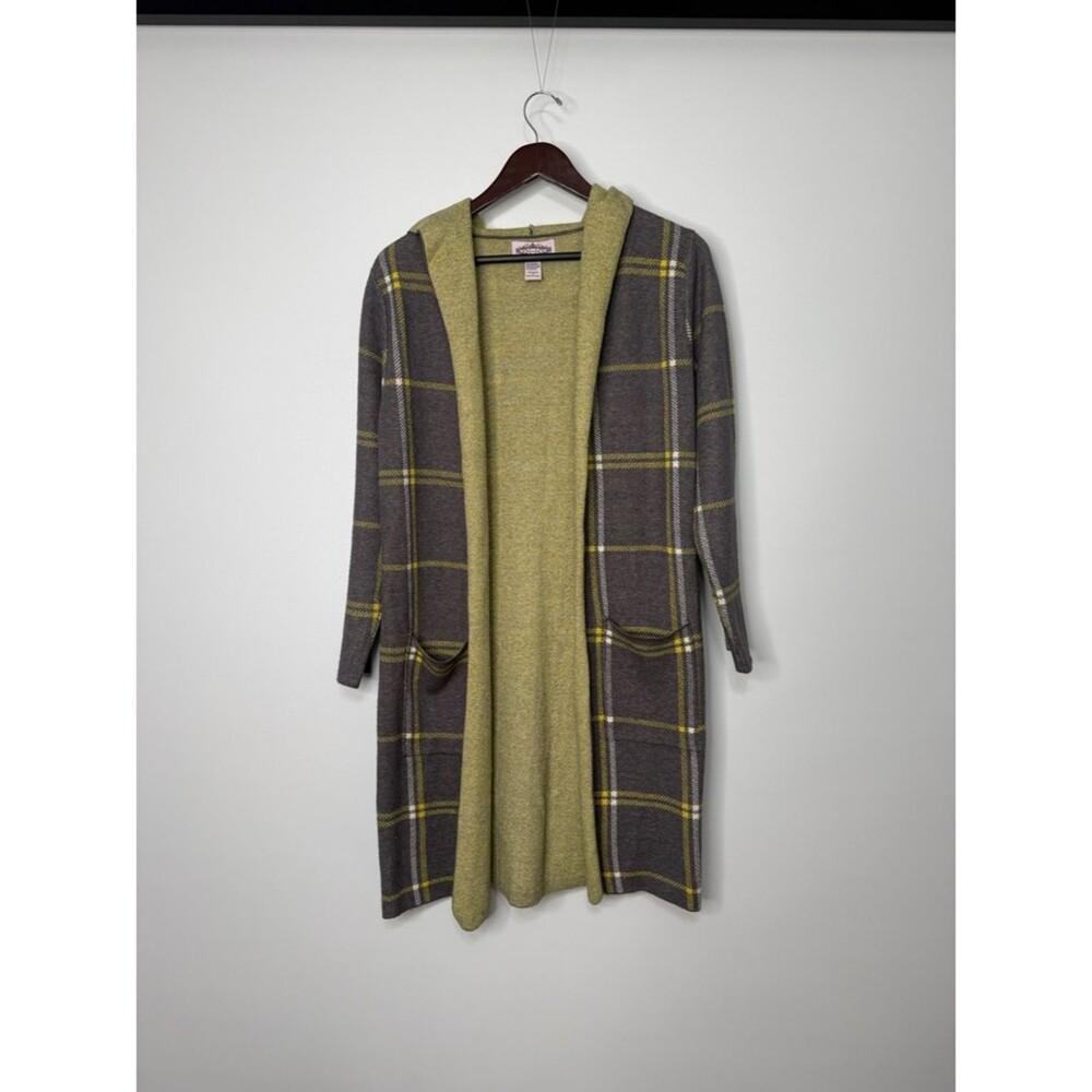 Oliver by Escio Plaid Hooded Open-Front Sweater Cardigan in Gray Plaid